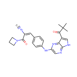 [C-]#[N+]/C(=C/c1ccc(Nc2cnc3[nH]cc(C(=O)C(C)(C)C)c3n2)cc1)C(=O)N1CCC1 ZINC001772648397