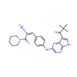 [C-]#[N+]/C(=C/c1ccc(Nc2cnc3[nH]cc(C(=O)C(C)(C)C)c3n2)cc1)C(=O)N1CCCCC1 ZINC001772617554