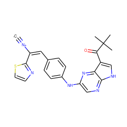 [C-]#[N+]/C(=C/c1ccc(Nc2cnc3[nH]cc(C(=O)C(C)(C)C)c3n2)cc1)c1nccs1 ZINC001772609852