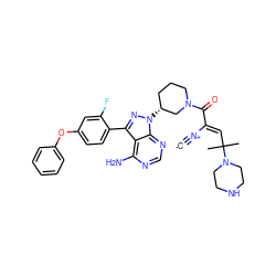 [C-]#[N+]/C(=C\C(C)(C)N1CCNCC1)C(=O)N1CCC[C@@H](n2nc(-c3ccc(Oc4ccccc4)cc3F)c3c(N)ncnc32)C1 ZINC000261164785