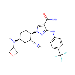 [C-]#[N+][C@@H]1C[C@@H](N(C)C2COC2)CC[C@H]1n1cc(C(N)=O)c(Nc2ccc(C(F)(F)F)cc2)n1 ZINC000261137278