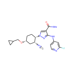 [C-]#[N+][C@@H]1C[C@H](OCC2CC2)CC[C@@H]1n1cc(C(N)=O)c(Nc2ccnc(F)c2)n1 ZINC000261097166