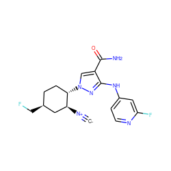 [C-]#[N+][C@H]1C[C@@H](CF)CC[C@@H]1n1cc(C(N)=O)c(Nc2ccnc(F)c2)n1 ZINC000261127952