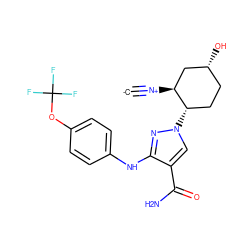 [C-]#[N+][C@H]1C[C@H](O)CC[C@@H]1n1cc(C(N)=O)c(Nc2ccc(OC(F)(F)F)cc2)n1 ZINC000261120689