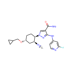 [C-]#[N+][C@H]1C[C@H](OCC2CC2)CC[C@H]1n1cc(C(N)=O)c(Nc2ccnc(F)c2)n1 ZINC000261097163