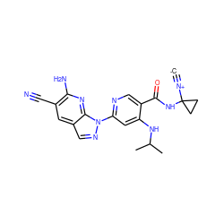 [C-]#[N+]C1(NC(=O)c2cnc(-n3ncc4cc(C#N)c(N)nc43)cc2NC(C)C)CC1 ZINC001772631424