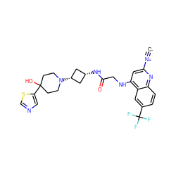 [C-]#[N+]c1cc(NCC(=O)N[C@H]2C[C@@H](N3CCC(O)(c4cncs4)CC3)C2)c2cc(C(F)(F)F)ccc2n1 ZINC000149655529