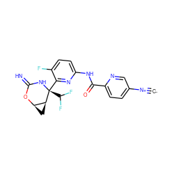 [C-]#[N+]c1ccc(C(=O)Nc2ccc(F)c([C@@]3(C(F)F)NC(=N)O[C@@H]4C[C@@H]43)n2)nc1 ZINC000473213500