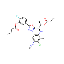 [C-]#[N+]c1ccc(N[C@@H](c2nnc(-c3ccc(F)c(OC(=O)CCC)c3)o2)[C@@H](C)OC(=O)CCC)c(C)c1Cl ZINC000146634530