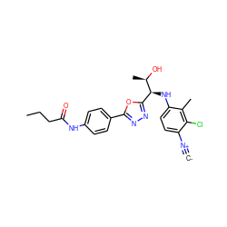 [C-]#[N+]c1ccc(N[C@@H](c2nnc(-c3ccc(NC(=O)CCC)cc3)o2)[C@@H](C)O)c(C)c1Cl ZINC000146639594