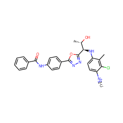 [C-]#[N+]c1ccc(N[C@@H](c2nnc(-c3ccc(NC(=O)c4ccccc4)cc3)o2)[C@H](C)O)c(C)c1Cl ZINC000146641421