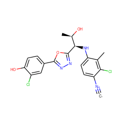 [C-]#[N+]c1ccc(N[C@@H](c2nnc(-c3ccc(O)c(Cl)c3)o2)[C@@H](C)O)c(C)c1Cl ZINC000146561979