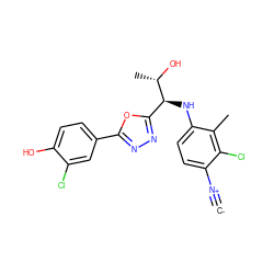 [C-]#[N+]c1ccc(N[C@@H](c2nnc(-c3ccc(O)c(Cl)c3)o2)[C@H](C)O)c(C)c1Cl ZINC000146569459