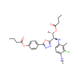 [C-]#[N+]c1ccc(N[C@@H](c2nnc(-c3ccc(OC(=O)CCC)cc3)o2)[C@H](C)OC(=O)CCC)c(C)c1Cl ZINC000146640554