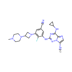 [C-]#[N+]c1cnc2c(NC3CC3)nc(Nc3cc(C#N)cc(N4CC(N5CCN(C)CC5)C4)c3F)nn12 ZINC000169711954