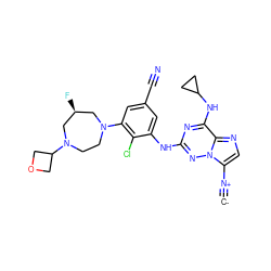 [C-]#[N+]c1cnc2c(NC3CC3)nc(Nc3cc(C#N)cc(N4CCN(C5COC5)C[C@@H](F)C4)c3Cl)nn12 ZINC000169711945