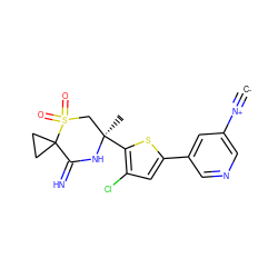 [C-]#[N+]c1cncc(-c2cc(Cl)c([C@]3(C)CS(=O)(=O)C4(CC4)C(=N)N3)s2)c1 ZINC001772629940