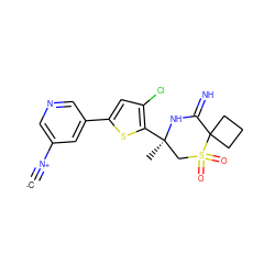 [C-]#[N+]c1cncc(-c2cc(Cl)c([C@]3(C)CS(=O)(=O)C4(CCC4)C(=N)N3)s2)c1 ZINC001772639212