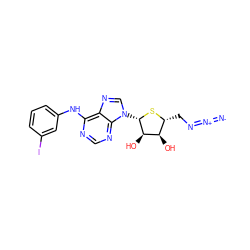 [N-]=[N+]=NC[C@H]1S[C@@H](n2cnc3c(Nc4cccc(I)c4)ncnc32)[C@H](O)[C@@H]1O ZINC000095607756