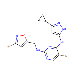 Brc1cc(CNc2ncc(Br)c(Nc3cc(C4CC4)n[nH]3)n2)on1 ZINC000038226566