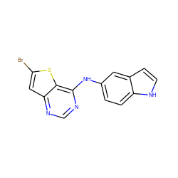 Brc1cc2ncnc(Nc3ccc4[nH]ccc4c3)c2s1 ZINC000013588167