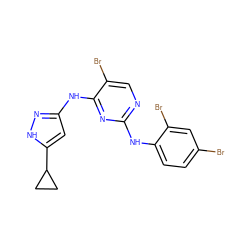 Brc1ccc(Nc2ncc(Br)c(Nc3cc(C4CC4)[nH]n3)n2)c(Br)c1 ZINC000203007832