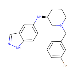 Brc1cccc(CN2CCC[C@H](Nc3ccc4[nH]ncc4c3)C2)c1 ZINC000114335342