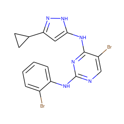 Brc1ccccc1Nc1ncc(Br)c(Nc2cc(C3CC3)n[nH]2)n1 ZINC000038269452