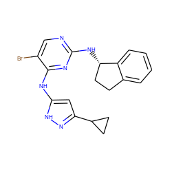 Brc1cnc(N[C@H]2CCc3ccccc32)nc1Nc1cc(C2CC2)n[nH]1 ZINC000038253483