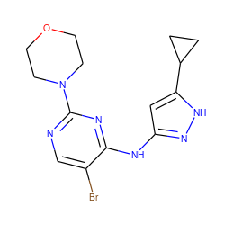 Brc1cnc(N2CCOCC2)nc1Nc1cc(C2CC2)[nH]n1 ZINC000203004591