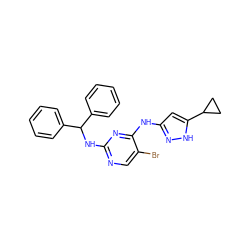 Brc1cnc(NC(c2ccccc2)c2ccccc2)nc1Nc1cc(C2CC2)[nH]n1 ZINC000203005381