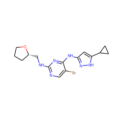 Brc1cnc(NC[C@@H]2CCCO2)nc1Nc1cc(C2CC2)[nH]n1 ZINC000203006267