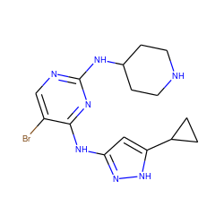 Brc1cnc(NC2CCNCC2)nc1Nc1cc(C2CC2)[nH]n1 ZINC000203005367