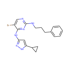 Brc1cnc(NCCCc2ccccc2)nc1Nc1cc(C2CC2)[nH]n1 ZINC000203005338