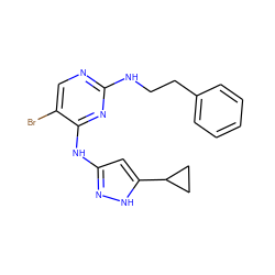 Brc1cnc(NCCc2ccccc2)nc1Nc1cc(C2CC2)[nH]n1 ZINC000203003976