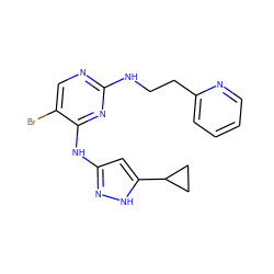 Brc1cnc(NCCc2ccccn2)nc1Nc1cc(C2CC2)[nH]n1 ZINC000203008491