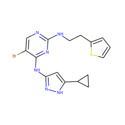 Brc1cnc(NCCc2cccs2)nc1Nc1cc(C2CC2)[nH]n1 ZINC000203004948