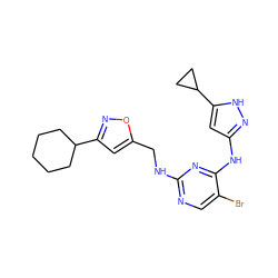 Brc1cnc(NCc2cc(C3CCCCC3)no2)nc1Nc1cc(C2CC2)[nH]n1 ZINC000203003402