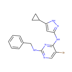 Brc1cnc(NCc2ccccc2)nc1Nc1cc(C2CC2)[nH]n1 ZINC000040424394