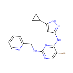 Brc1cnc(NCc2ccccn2)nc1Nc1cc(C2CC2)[nH]n1 ZINC000203007213