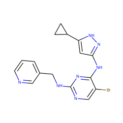 Brc1cnc(NCc2cccnc2)nc1Nc1cc(C2CC2)[nH]n1 ZINC000118088791