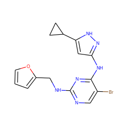 Brc1cnc(NCc2ccco2)nc1Nc1cc(C2CC2)[nH]n1 ZINC000203007547