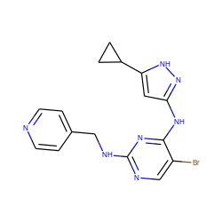 Brc1cnc(NCc2ccncc2)nc1Nc1cc(C2CC2)[nH]n1 ZINC000203007079