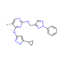 Brc1cnc(NCc2cnn(-c3ccccc3)n2)nc1Nc1cc(C2CC2)[nH]n1 ZINC000203003656