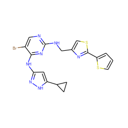 Brc1cnc(NCc2csc(-c3cccs3)n2)nc1Nc1cc(C2CC2)[nH]n1 ZINC000203006056