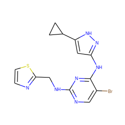 Brc1cnc(NCc2nccs2)nc1Nc1cc(C2CC2)[nH]n1 ZINC000203007744