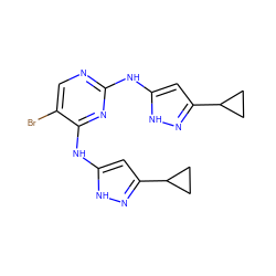 Brc1cnc(Nc2cc(C3CC3)n[nH]2)nc1Nc1cc(C2CC2)n[nH]1 ZINC000140304437