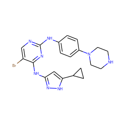 Brc1cnc(Nc2ccc(N3CCNCC3)cc2)nc1Nc1cc(C2CC2)[nH]n1 ZINC000203004878