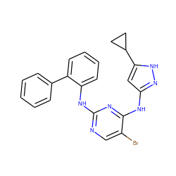 Brc1cnc(Nc2ccccc2-c2ccccc2)nc1Nc1cc(C2CC2)[nH]n1 ZINC000203007532