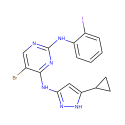 Brc1cnc(Nc2ccccc2I)nc1Nc1cc(C2CC2)[nH]n1 ZINC000138192420